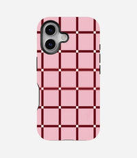 Glossy phone case featuring a light pink background with a dark maroon grid pattern and white intersection dots.