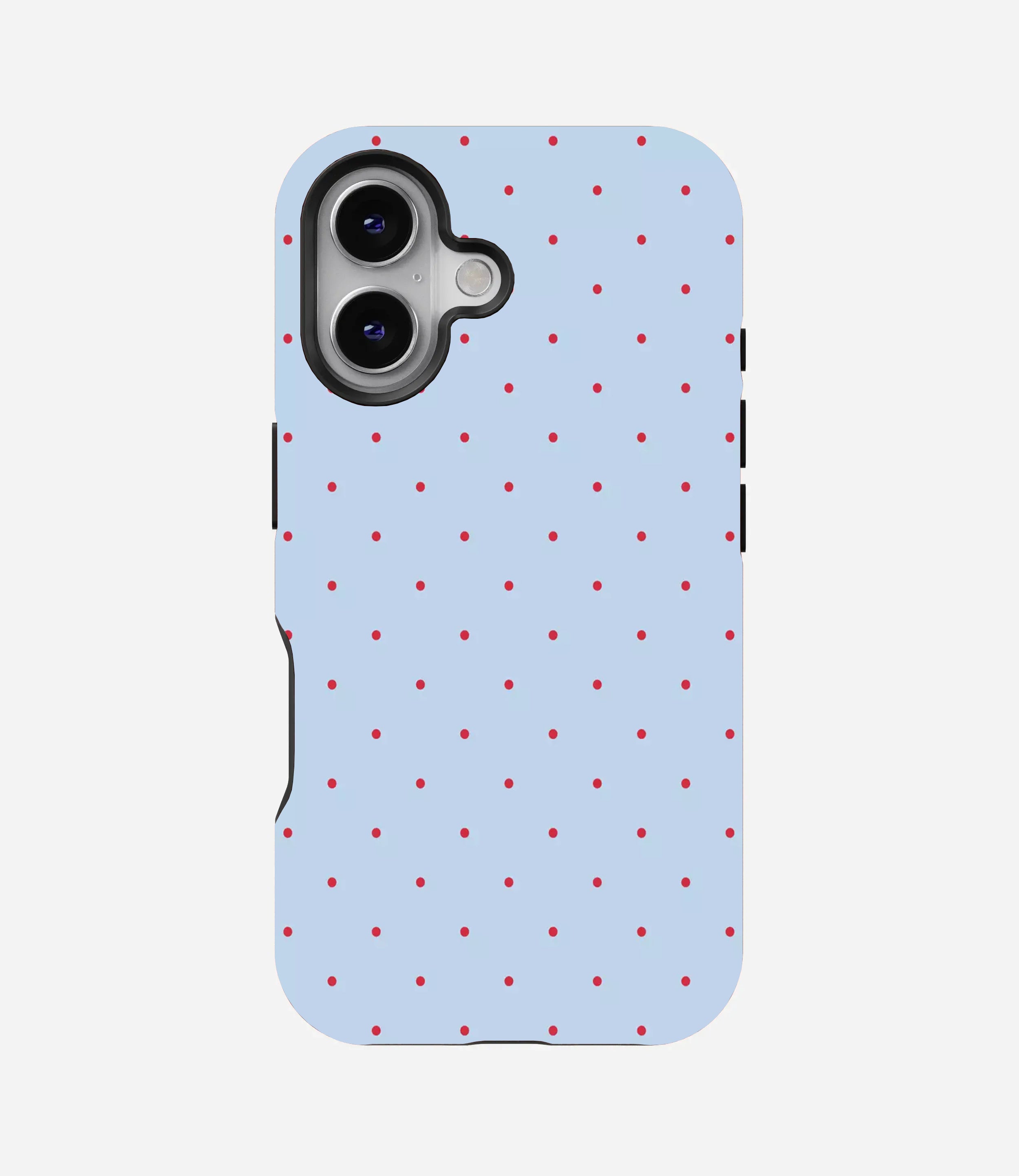 Light blue glossy phone case covered in a pattern of tiny red polka dots.