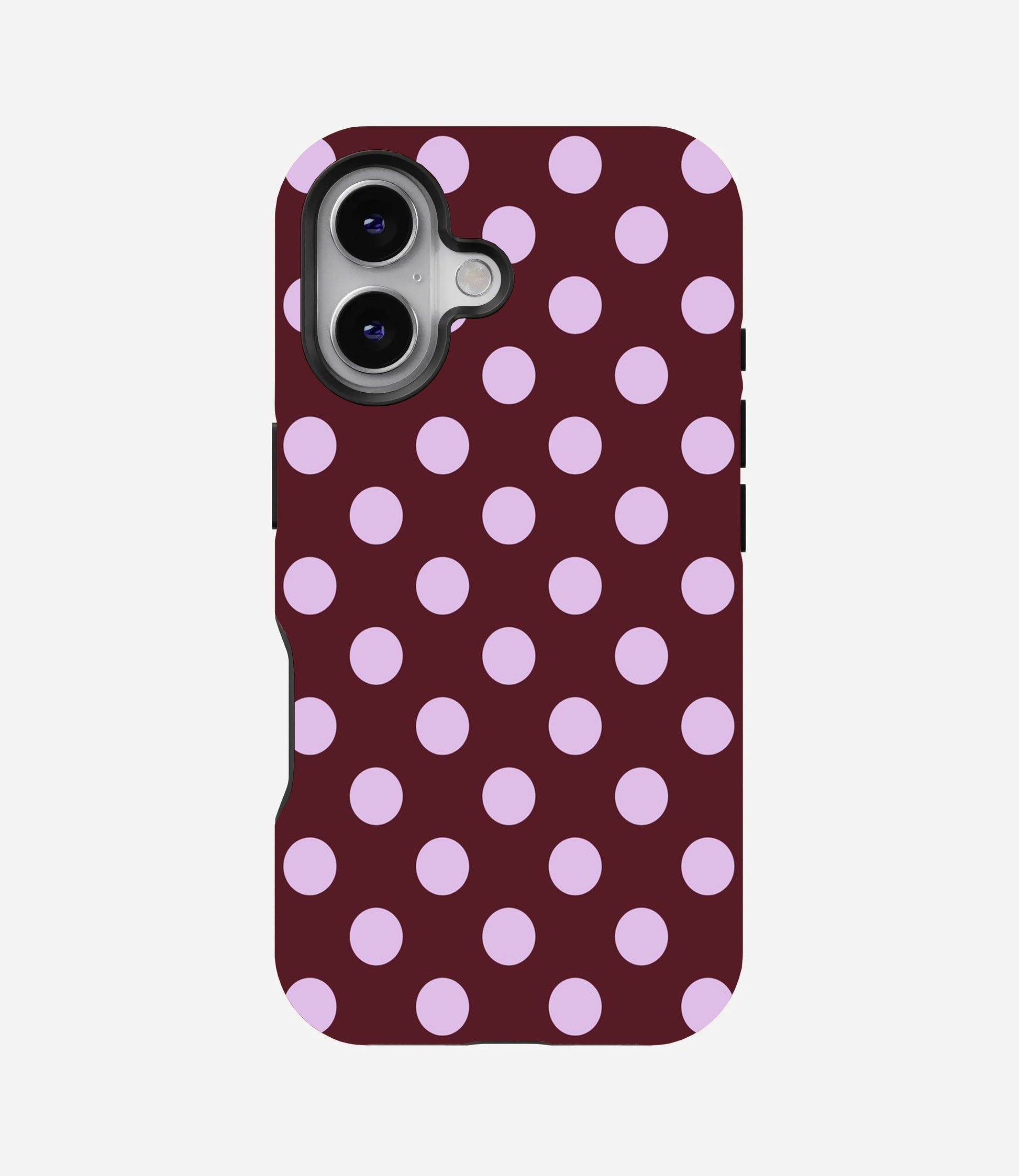 Glossy phone case with a dark burgundy background and large, light purple polka dots.