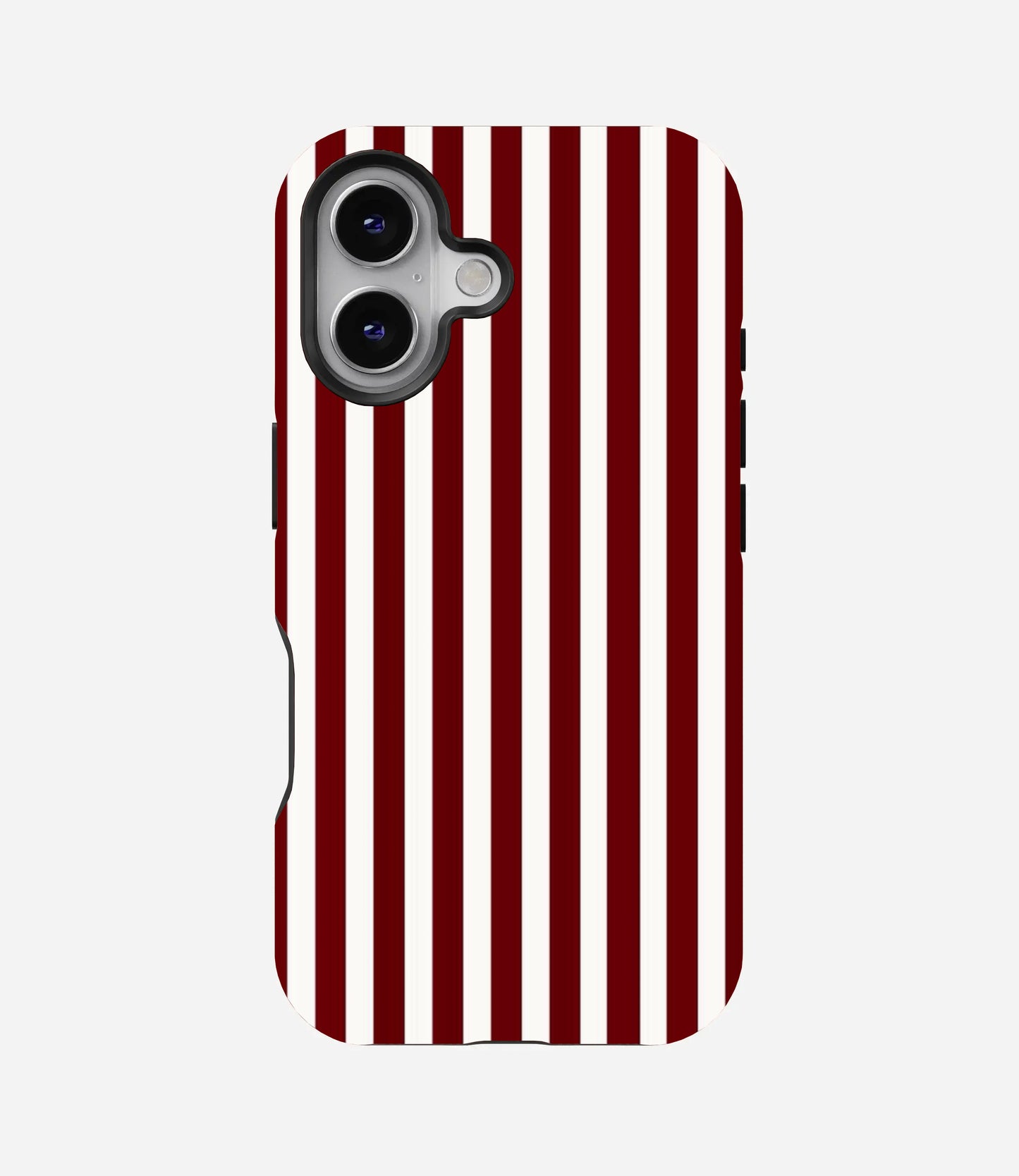 Glossy phone case featuring thick vertical stripes in alternating bold crimson red and white.