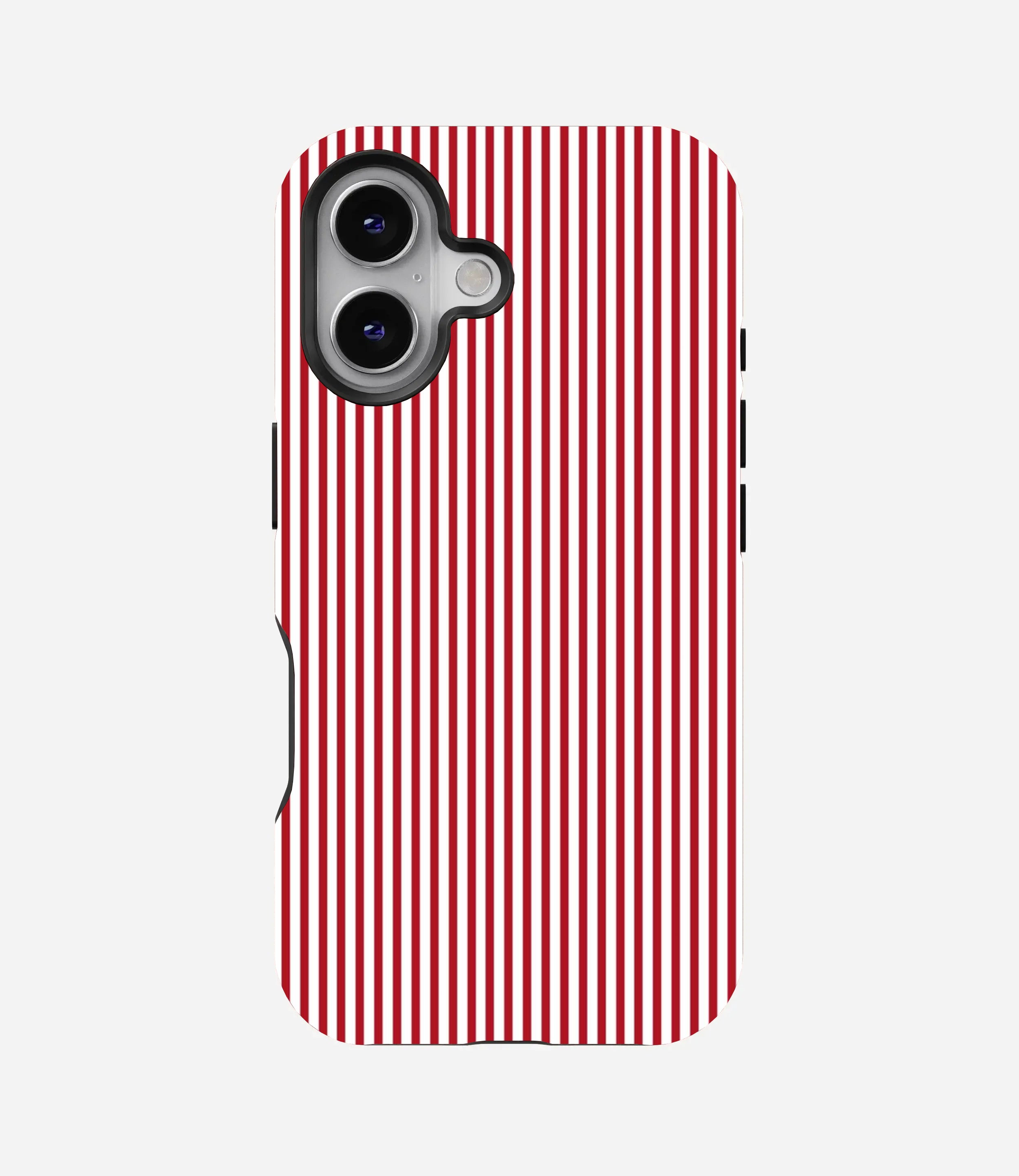 Glossy phone case displaying a pattern of thin, alternating bright red and white vertical stripes.