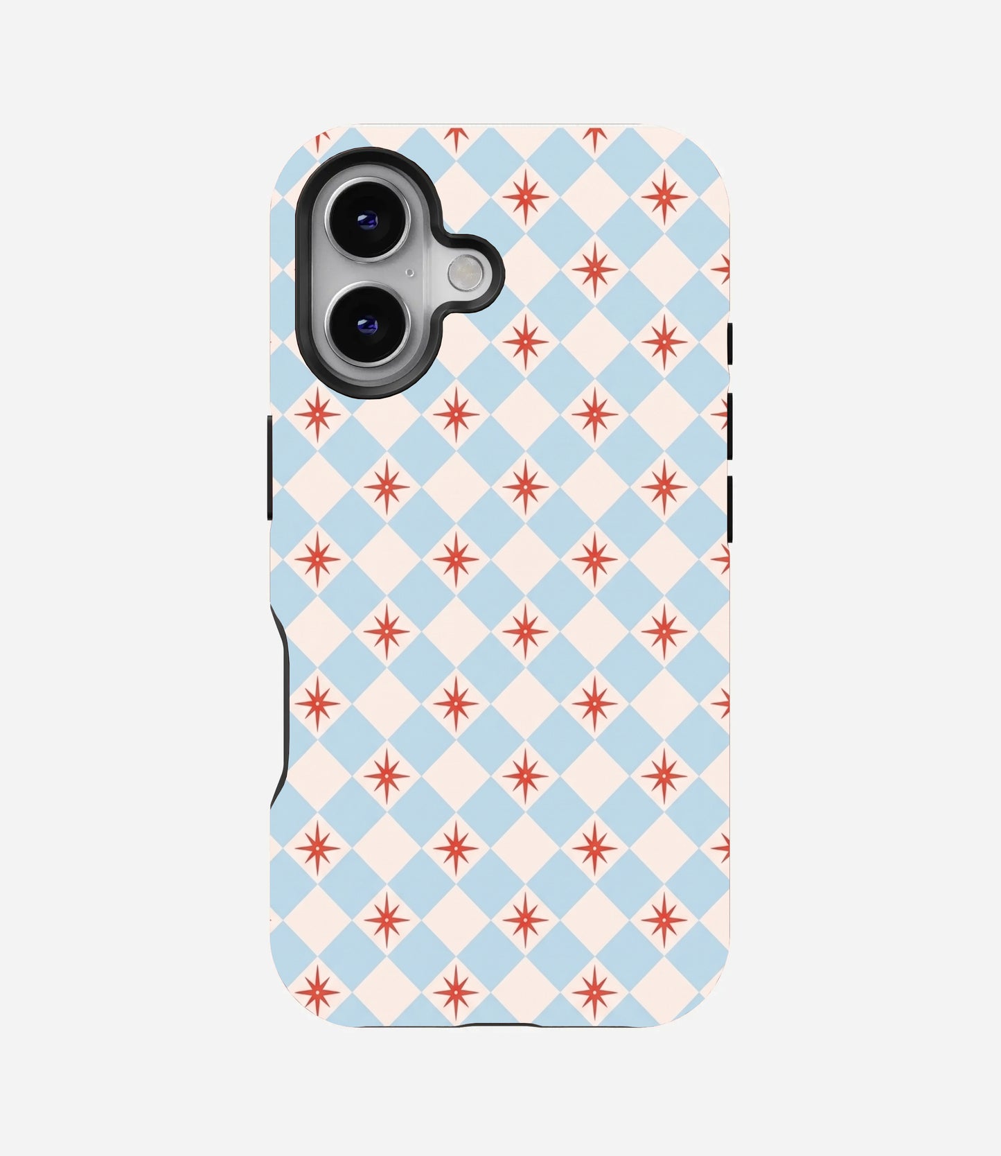 Glossy phone case with a light blue and cream diamond checkered pattern, featuring red retro starbursts inside the cream diamonds.