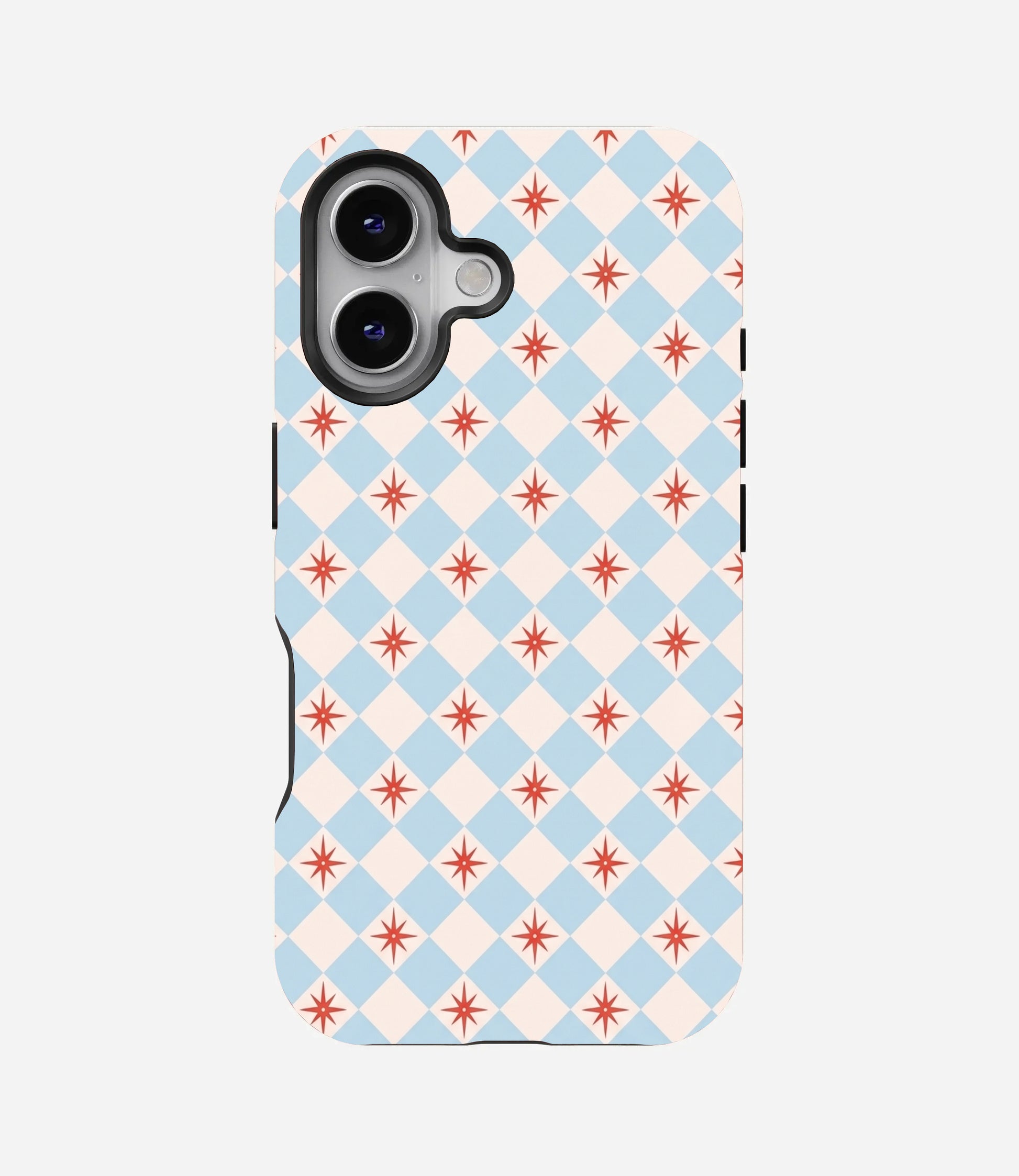 Glossy phone case with a light blue and cream diamond checkered pattern, featuring red retro starbursts inside the cream diamonds.