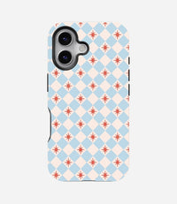 Glossy phone case with a light blue and cream diamond checkered pattern, featuring red retro starbursts inside the cream diamonds.