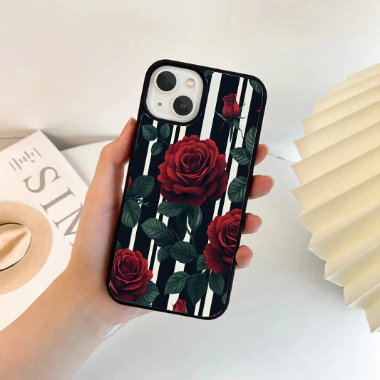Bold Stripe & Dark Red Rose Phone Case