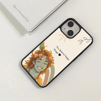 Beige phone case with a cute, colorful illustration of a smiling Lord Krishna, a line-art sun, and the text "You deserve happy things".