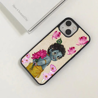 Aesthetic cream phone case featuring a cute, childlike Lord Krishna holding bright pink lotus flowers behind his back.