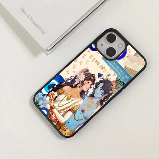 Phone case featuring an anime-style illustration of Radha and Krishna over a modern collage background with blue evil eyes and torn paper.