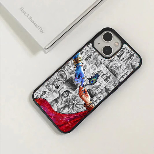 Phone case showing a blue hand giving a peacock feather to a fair hand, set against a black and white comic-style background of Hindu mythology and red cosmic space.