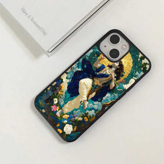 Vibrant phone case featuring Lord Krishna playing the flute, floating in a rich blue and green celestial sky filled with flowers and a golden halo.