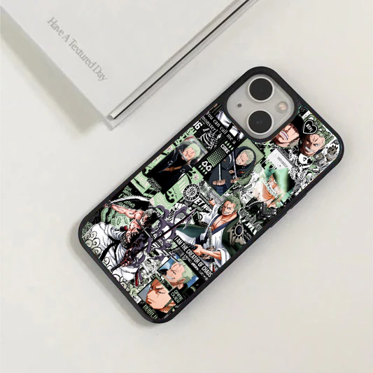 Manga collage phone case featuring Roronoa Zoro from One Piece in various action poses with quotes.