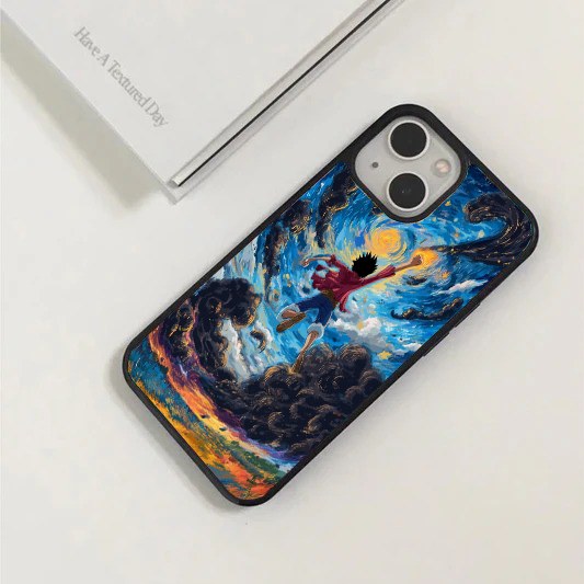 Impressionist painting style phone case featuring Luffy reaching up toward a swirling starry night sky.