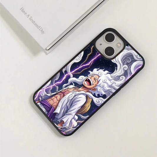 Phone case featuring Luffy in his white Gear 5 form laughing, surrounded by clouds and bright purple lightning.