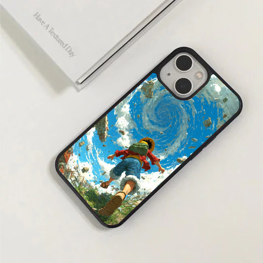 Anime phone case featuring Luffy falling from above through a painted blue sky with floating islands and a giant swirling cloud.