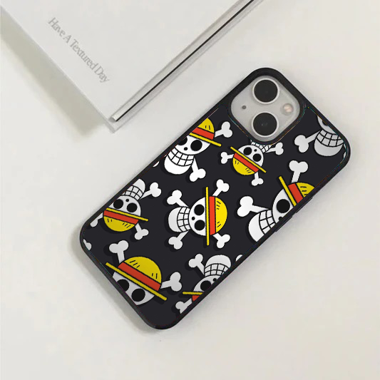 Black phone case covered in a repeating pattern of the classic Straw Hat Pirates Jolly Roger skull and crossbones logo.
