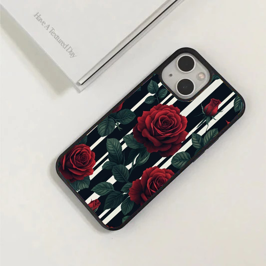 Bold Stripe & Dark Red Rose Phone Case