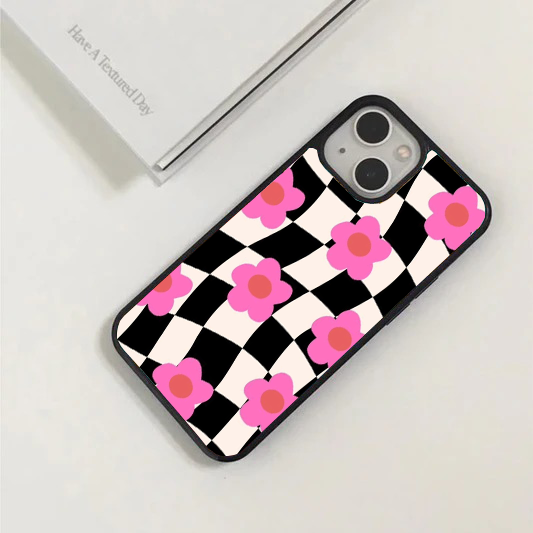 Black & White Wavy Checkerboard Pink Floral Case