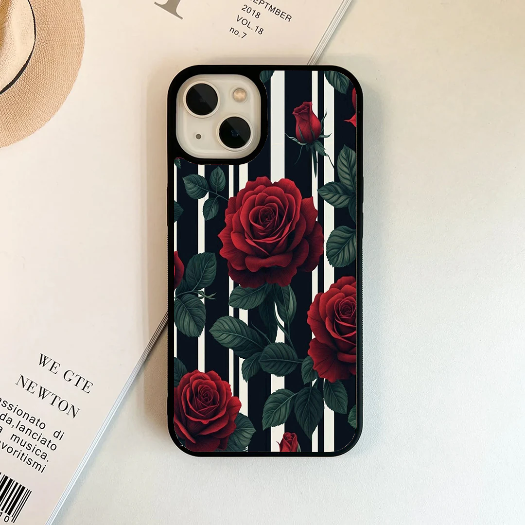 Bold Stripe & Dark Red Rose Phone Case
