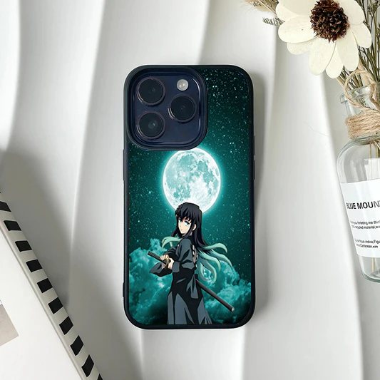 Muichiro Tokito from Demon Slayer standing in front of a glowing full moon on a starry night, printed on a protective metal phone case.