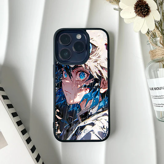 Close-up anime artwork of Inosuke Hashibira unmasked in the rain with glowing blue eyes, featured on a metal iPhone case.