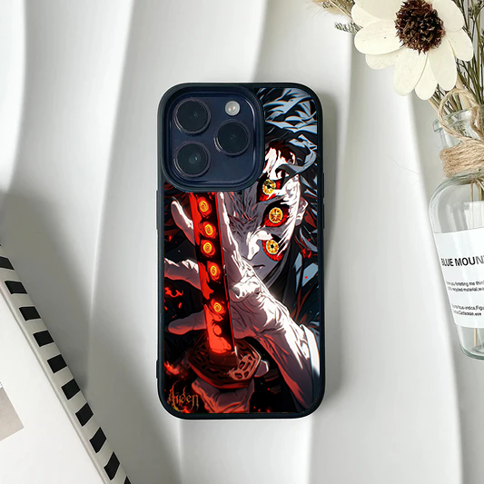 Kokushibo from Demon Slayer with six glowing eyes holding a red fleshy sword, printed on a black metal phone case.