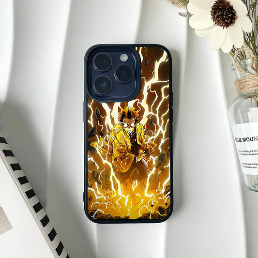 Zenitsu Agatsuma from Demon Slayer surrounded by intense golden lightning energy, featured on a metal iPhone case.