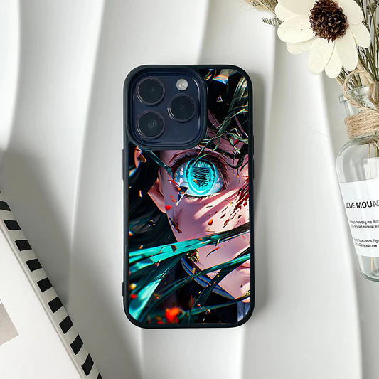 A dramatic, highly detailed close-up of Muichiro Tokito's face and glowing teal eye from Demon Slayer on a metal phone case.