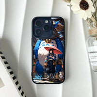 A crossover anime artwork featuring Inosuke Hashibira standing with a giant blue forest spirit holding a red umbrella, on a metal phone case.