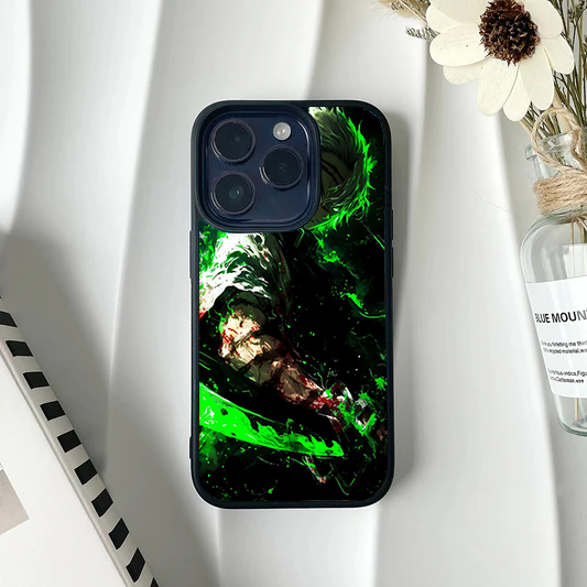 Roronoa Zoro from One Piece wielding his swords surrounded by a vibrant green aura, printed on a durable metal phone case.