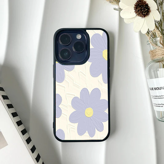 Phone case with large pastel purple daisies on a textured cream brushstroke background.