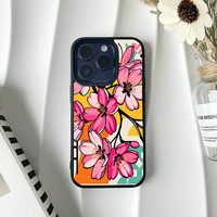 Bold pop-art style phone case with bright pink cherry blossoms on a geometric yellow, orange, and teal background.