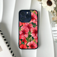 Phone case completely covered in a dense pattern of bright pink hibiscus flowers and dark green leaves.