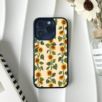 Phone case displaying vertical vines of yellow sunflowers and green leaves on a speckled cream background.