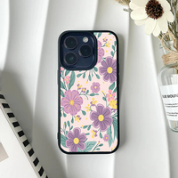 Light pink phone case with illustrations of purple flowers, small pink buds, and green leaves.