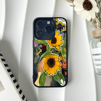 Phone case with a photo of a sunflower bouquet, featuring playful white doodle outlines and yellow text elements.