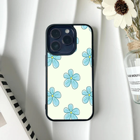 Cream-colored phone case displaying a minimalist pattern of large, stylized pastel blue cartoon flowers