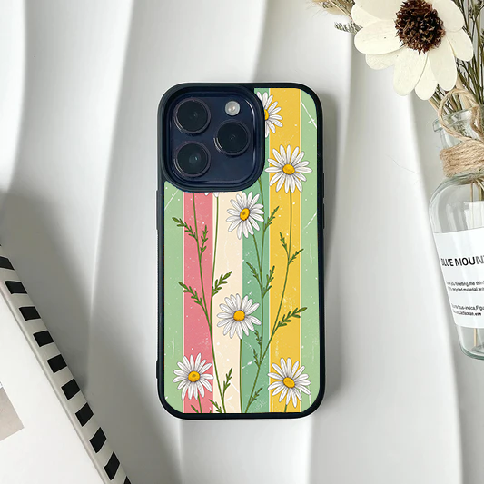 Phone case with vertical pastel retro stripes overlaid with delicate white daisies and green vines, featuring a distressed vintage texture.