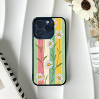 Phone case with vertical pastel retro stripes overlaid with delicate white daisies and green vines, featuring a distressed vintage texture.