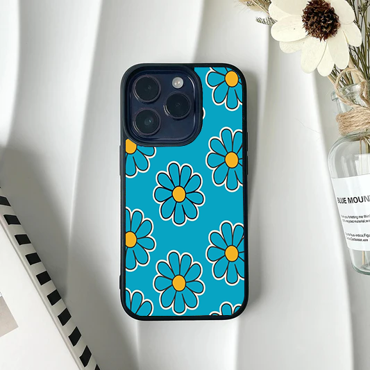 Bright cyan blue phone case featuring a repeating pattern of stylized blue retro daisies with white outlines and yellow centers.