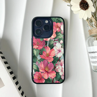 Phone case displaying a highly detailed, realistic botanical illustration of pink and white flowers with green leaves.