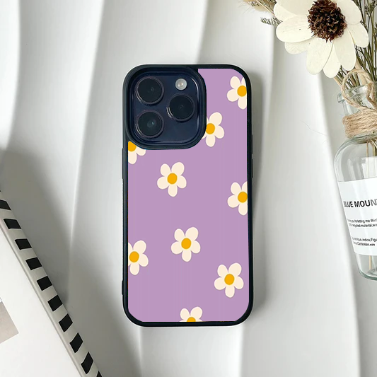 Solid pastel lavender phone case featuring a sparse, minimalist pattern of simple white and yellow daisies.