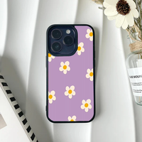 Solid pastel lavender phone case featuring a sparse, minimalist pattern of simple white and yellow daisies.