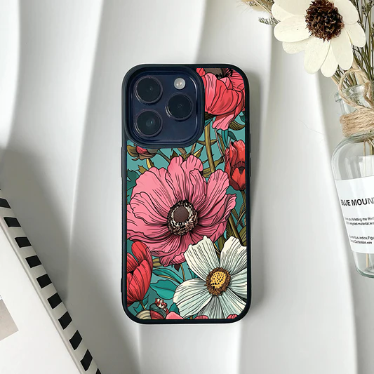 Phone case featuring detailed, comic-style line art of large pink and white flowers on a teal background.