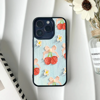 Light blue phone case with a faux-textured impasto painting design of red cherries, pink bows, and tiny white flowers.