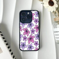 White phone case featuring a clean, illustrated pattern of pink and purple tropical flowers with black outlines.