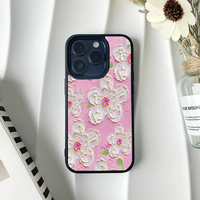 Vibrant pink phone case featuring a faux-textured impasto design of white flowers with bright pink centers.