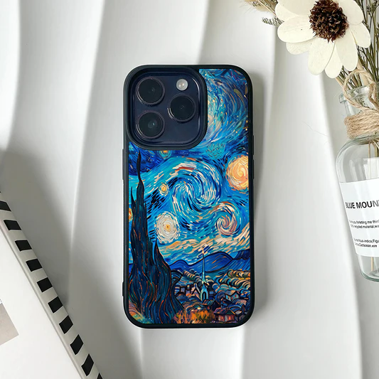 iPhone metal case featuring Vincent van Gogh's classic Starry Night painting over a small village.
