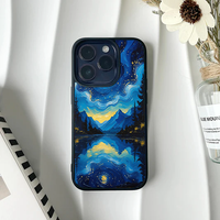 Phone case featuring a Van Gogh style painting of a blue mountain landscape and starry night sky reflected in a calm lake.