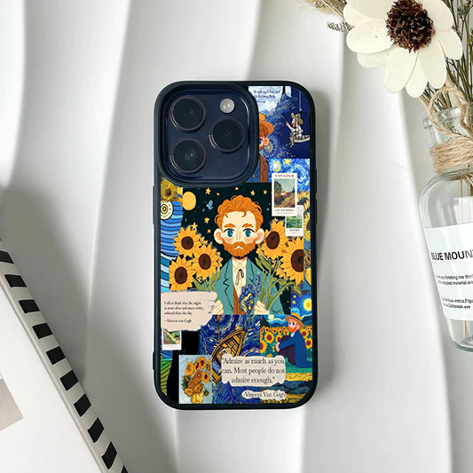 Collage style phone case featuring a cartoon portrait of Van Gogh, sunflowers, quotes, and Starry Night elements.