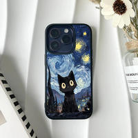 Cute black cat with large yellow eyes sitting against a Van Gogh Starry Night background on a phone case.